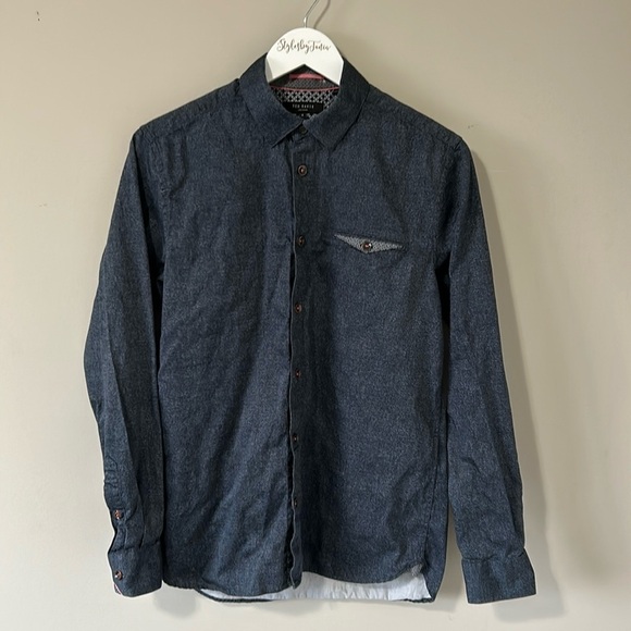 Ted Baker London Mens Long Sleeve Button Down Dress Shirt Denim Blue Sz 3 Medium - Picture 1 of 16
